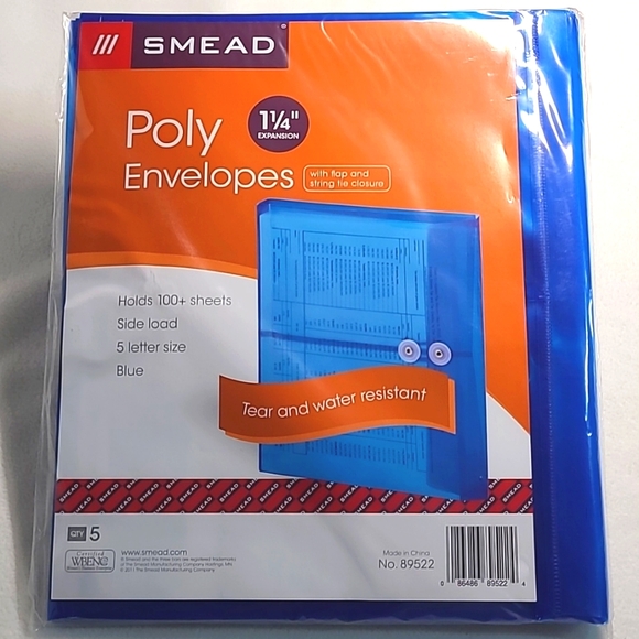 Smead Other - Smead Blue Poly Envelopes 1 1/4" Side Load 5 Pack Tear Water Resistant Flap Tie